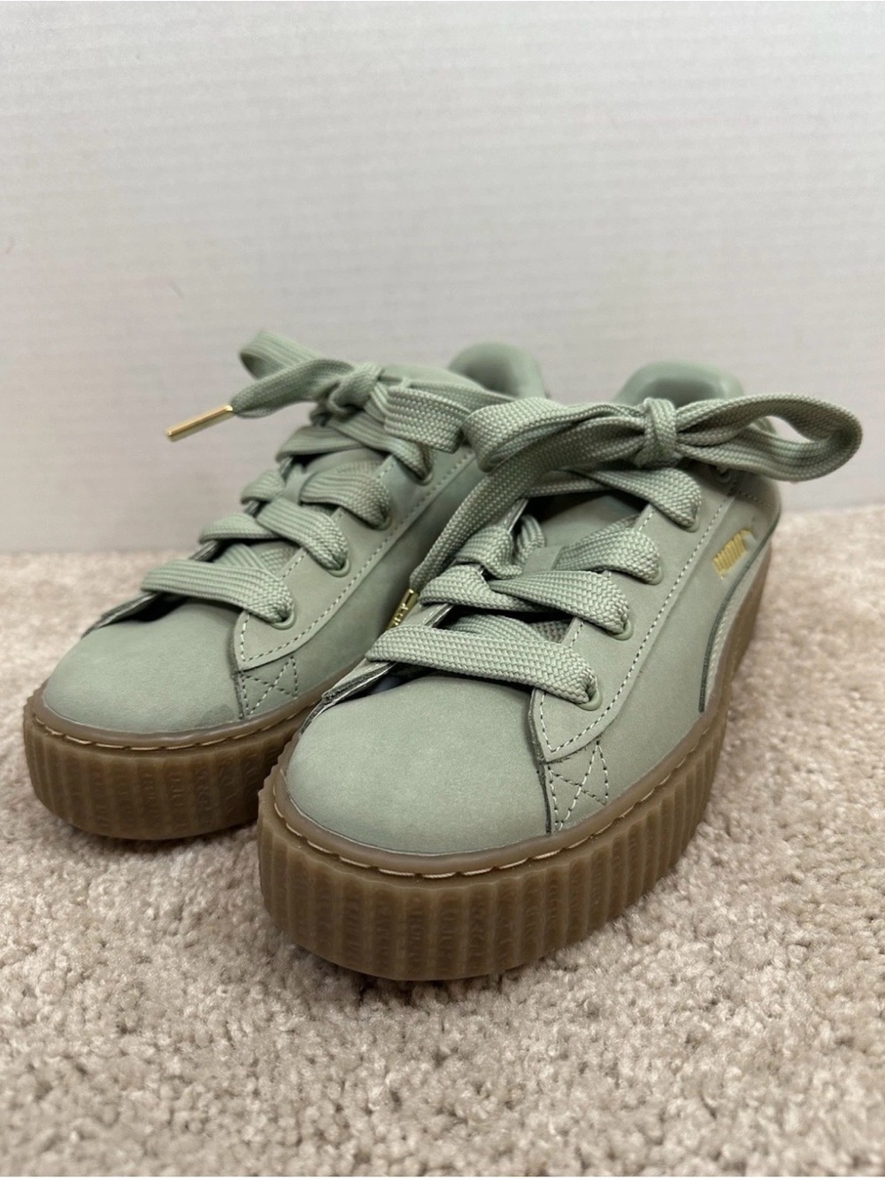Puma Fenty Sage Green Platform Sneakers with Gum Sole, size 8